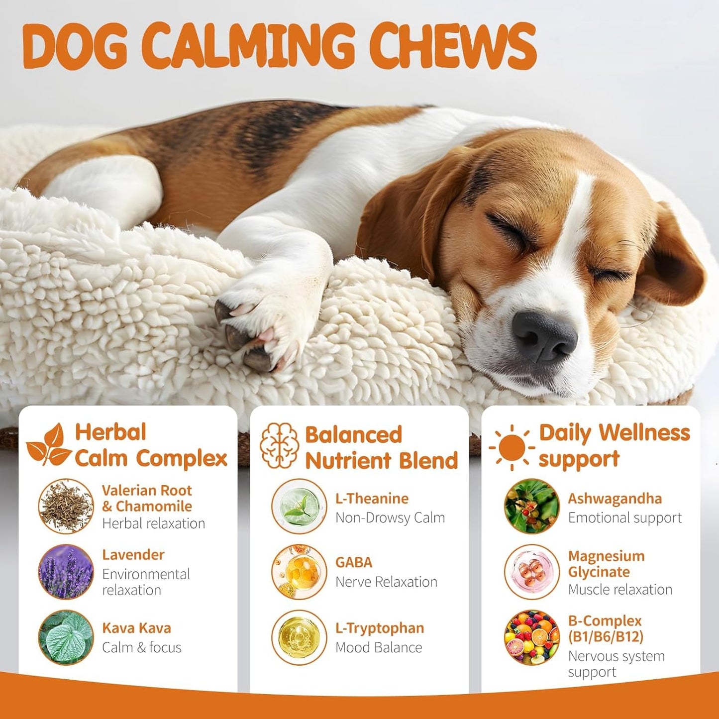 Allyeah dog anxiety relief treats showing the 180 count container with ingredient details.