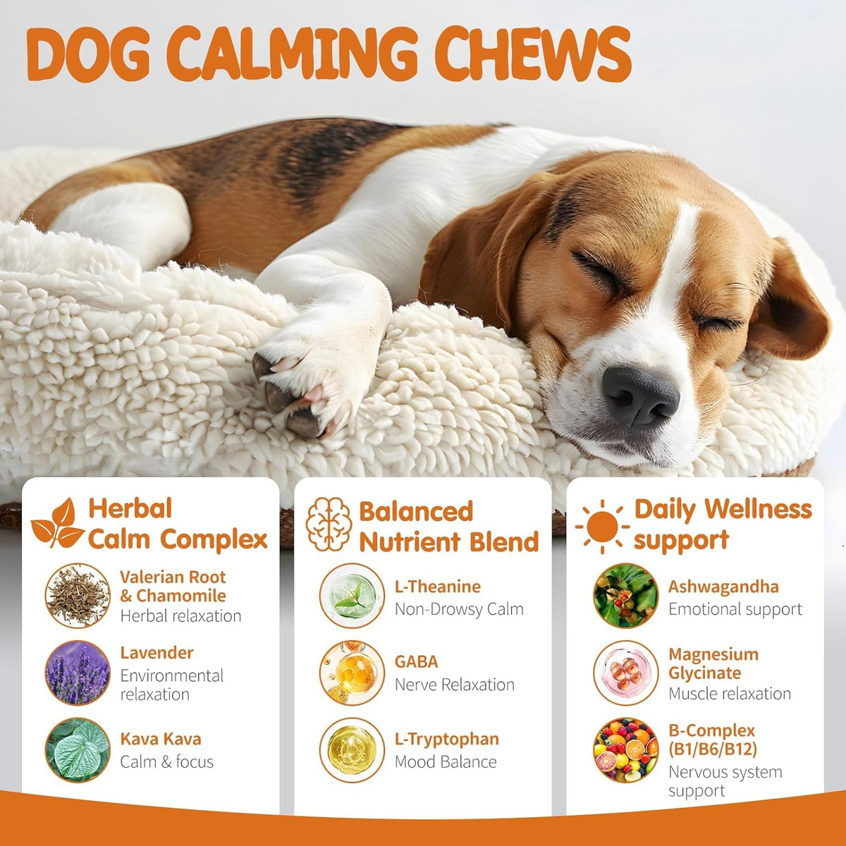 Allyeah dog anxiety relief treats showing the 180 count container with ingredient details.
