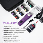 Complete FuzzyFix pet grooming kit layout with all included metal guide comb attachments.