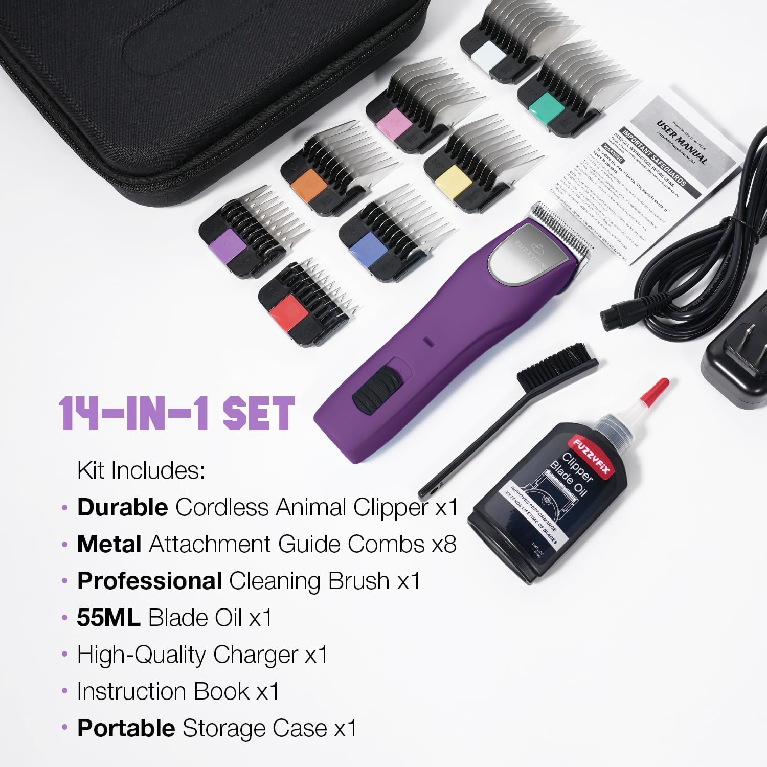 Complete FuzzyFix pet grooming kit layout with all included metal guide comb attachments.