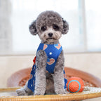 Patriotic pet apparel with red white and blue heart designs close up.