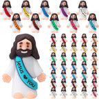 Bememo 50 Piece Mini Jesus Figures showing a bulk collection of colorful rubber figurines on a plain background.