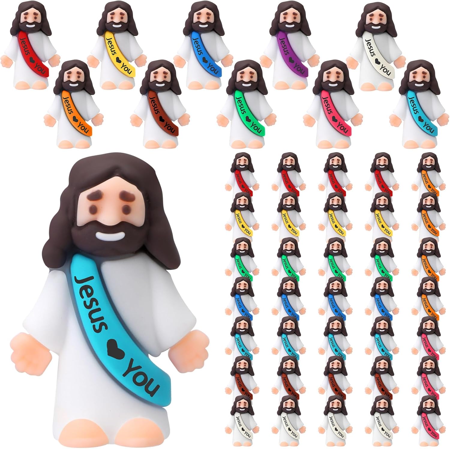 Bememo 50 Piece Mini Jesus Figures showing a bulk collection of colorful rubber figurines on a plain background.