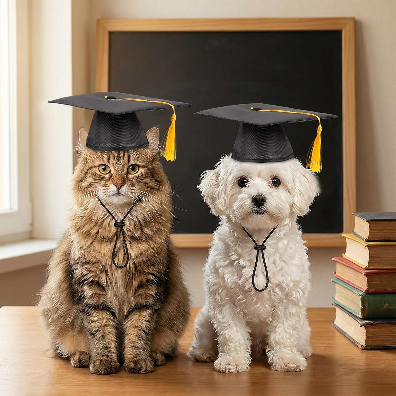 Close up of the adjustable buckle on the pet graduation hat