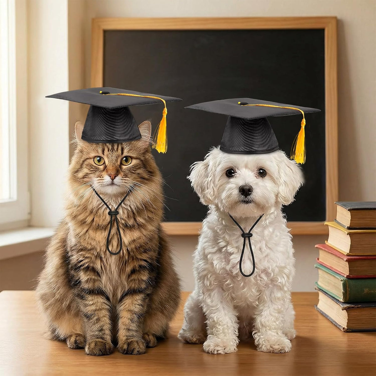 Close up of the adjustable buckle on the pet graduation hat