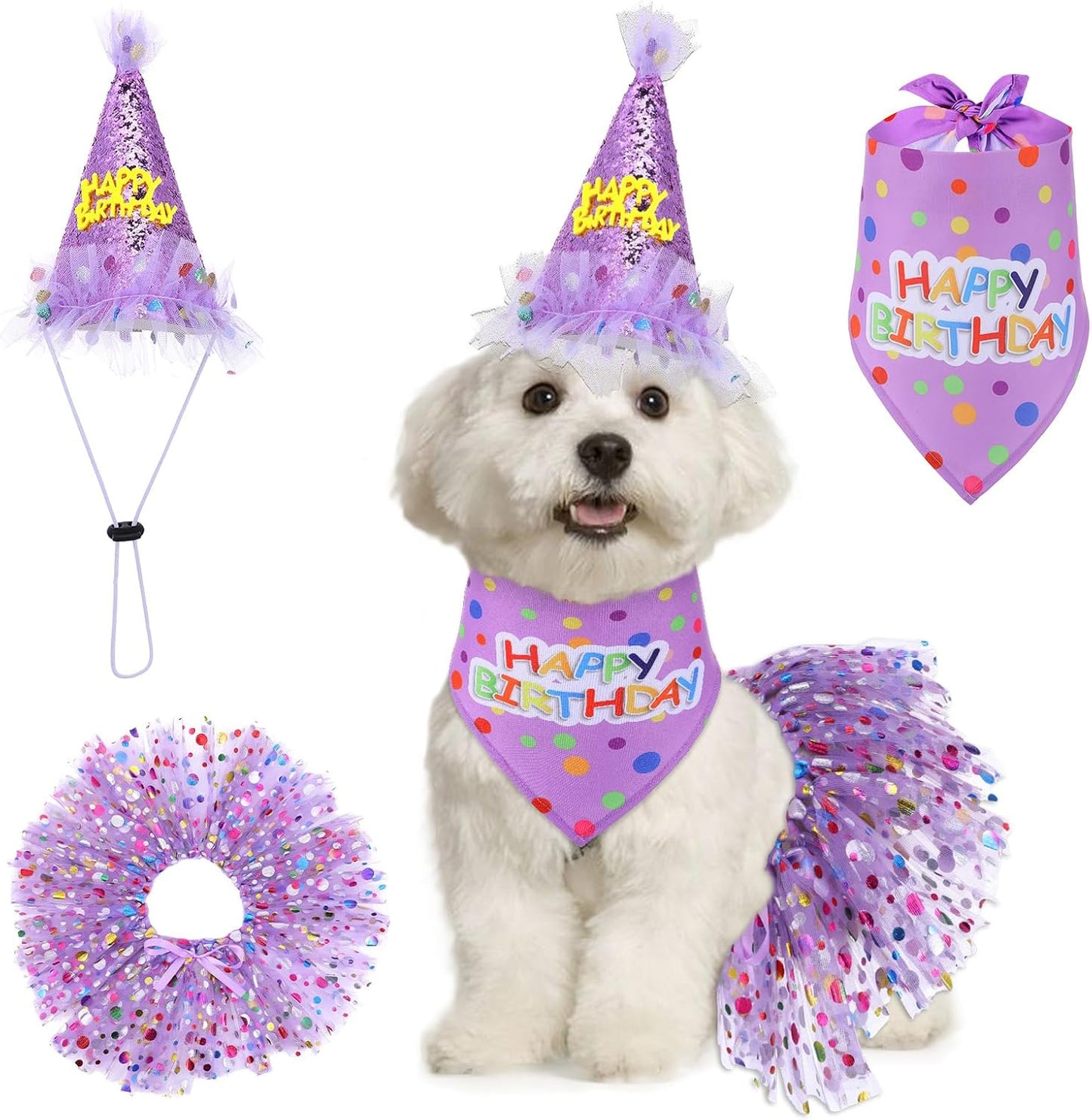 Hpmjz dog birthday bandana and hat set front view on a puppy