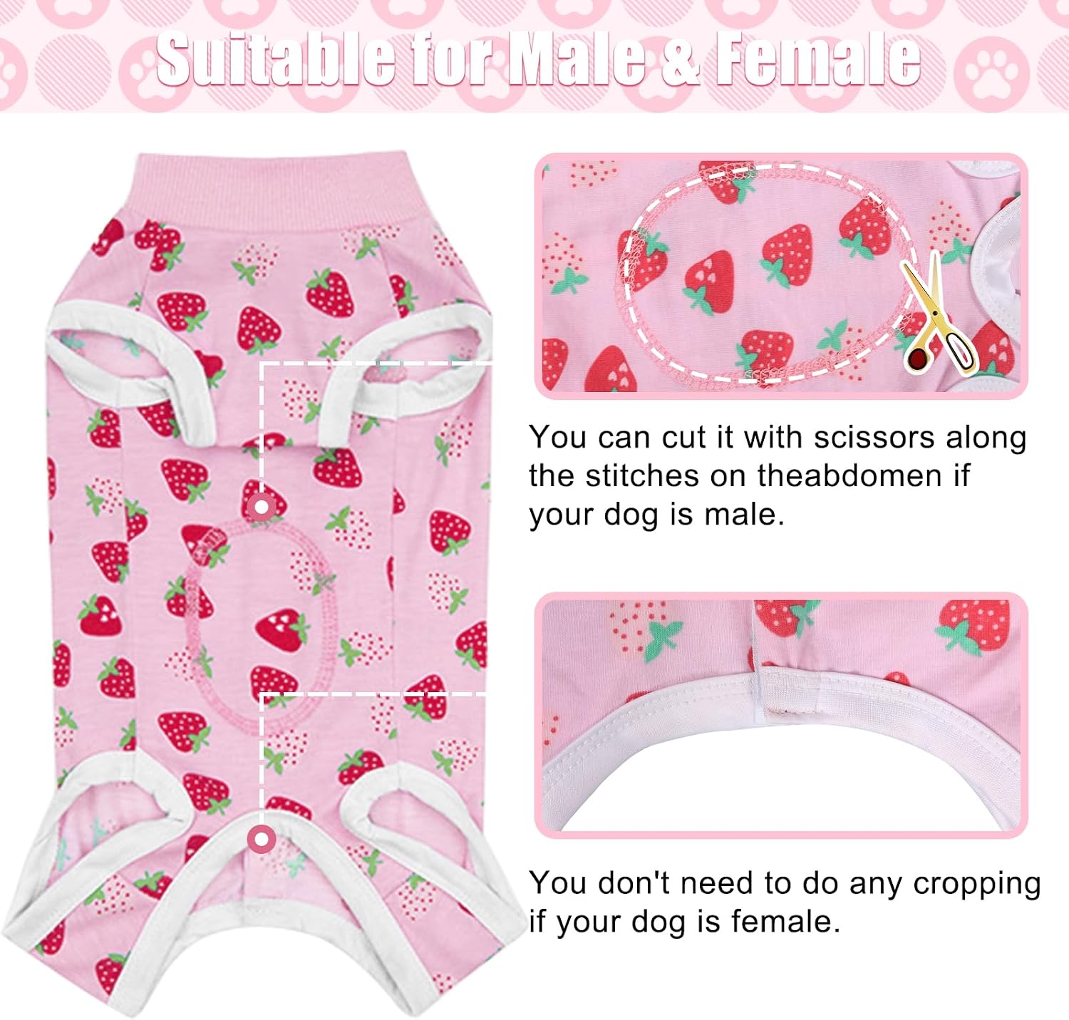 FEimaX cotton dog bodysuit back view featuring the strawberry pattern print