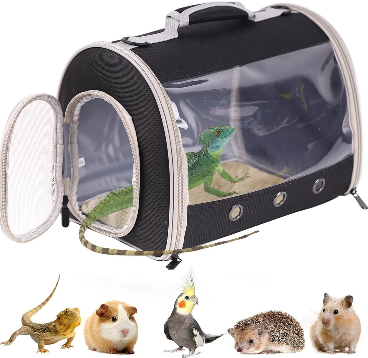 Bearded Dragon Travel Carrier Backpack,Lizard Backpack Carrier,Space Capsule Clear Bubble Window Astronaut Reptile Carrier Backpack for Guinea Pig,Sugar Glider,Bunny (Black, TPU Carrier+MAT) - Image 2