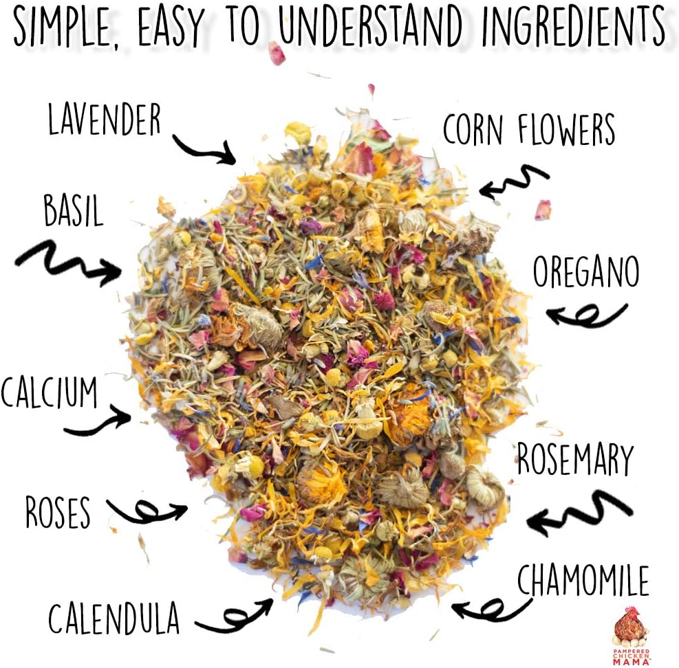 Close up of herbal chicken coop bedding blend with flowers