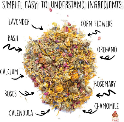 Close up of herbal chicken coop bedding blend with flowers