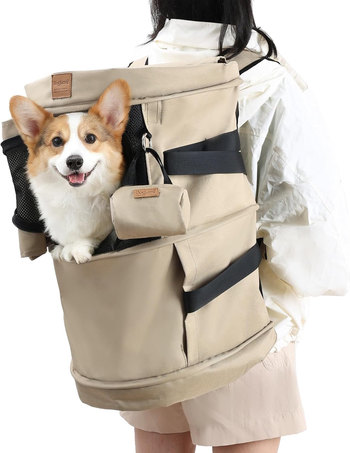 GentleBliss pet backpack carrier front view in khaki showing ventilated mesh windows