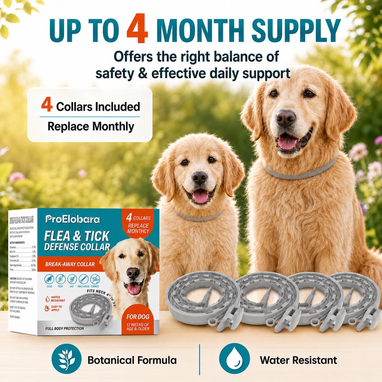 ProElobara pet collar with natural ingredients label
