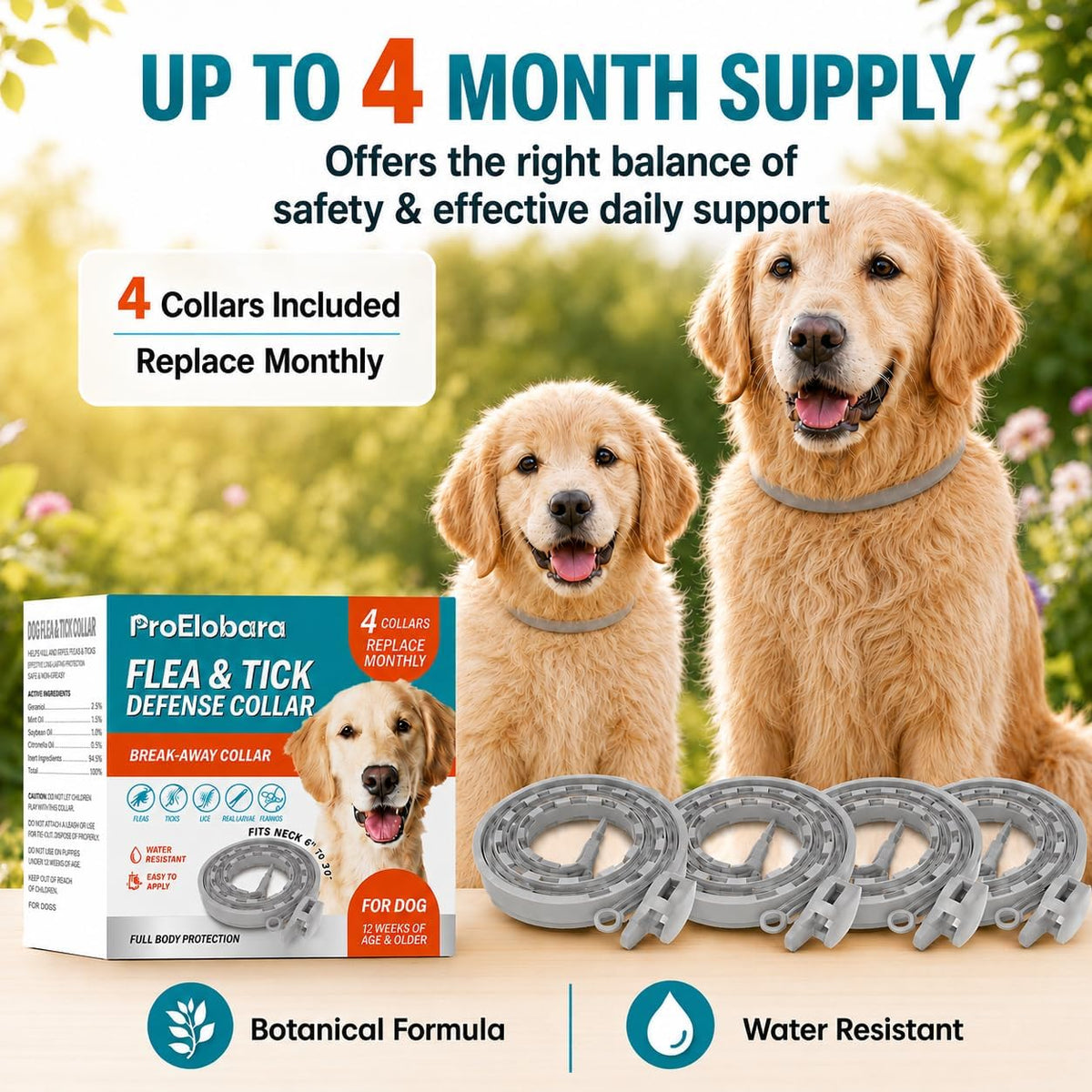 ProElobara pet collar with natural ingredients label
