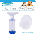 Free-Space feline and canine aerosol chamber displayed with two interchangeable silicone masks.