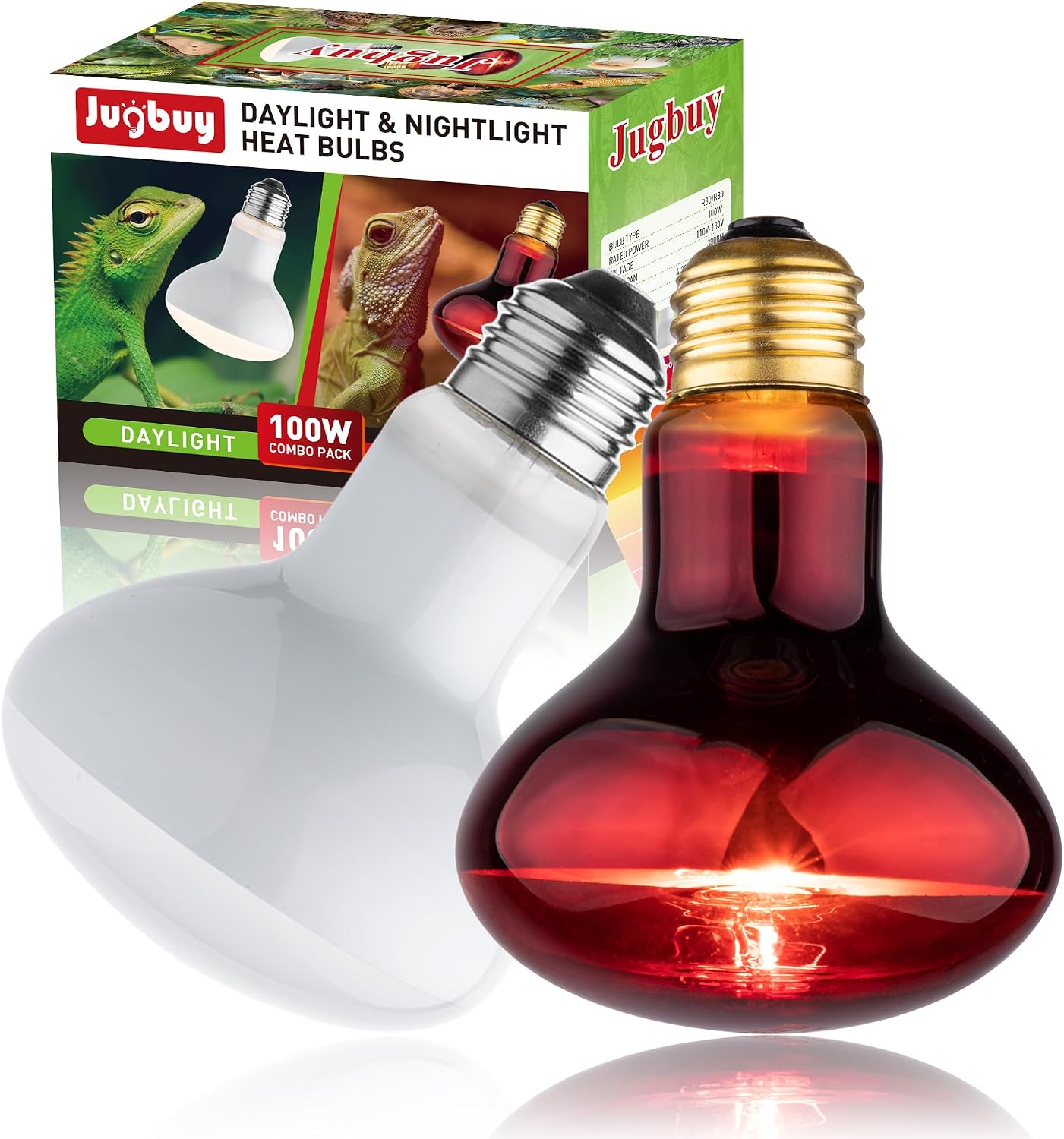 Jugbuy heat lamp bulbs day and night combo pack front view showcasing both the clear UVA daylight bulb and the red infrared bulb.