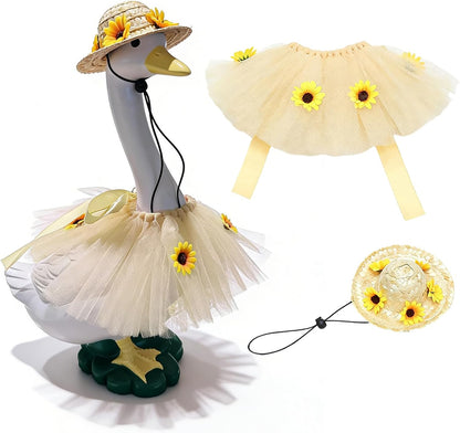 Soulchen porch goose sunflower outfit front view on a lawn statue.