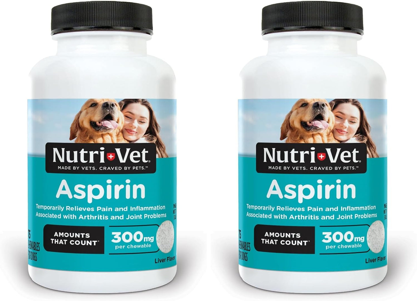 Close up view of the safety warnings and veterinarian guidelines on the Nutri-Vet dog aspirin bottle.