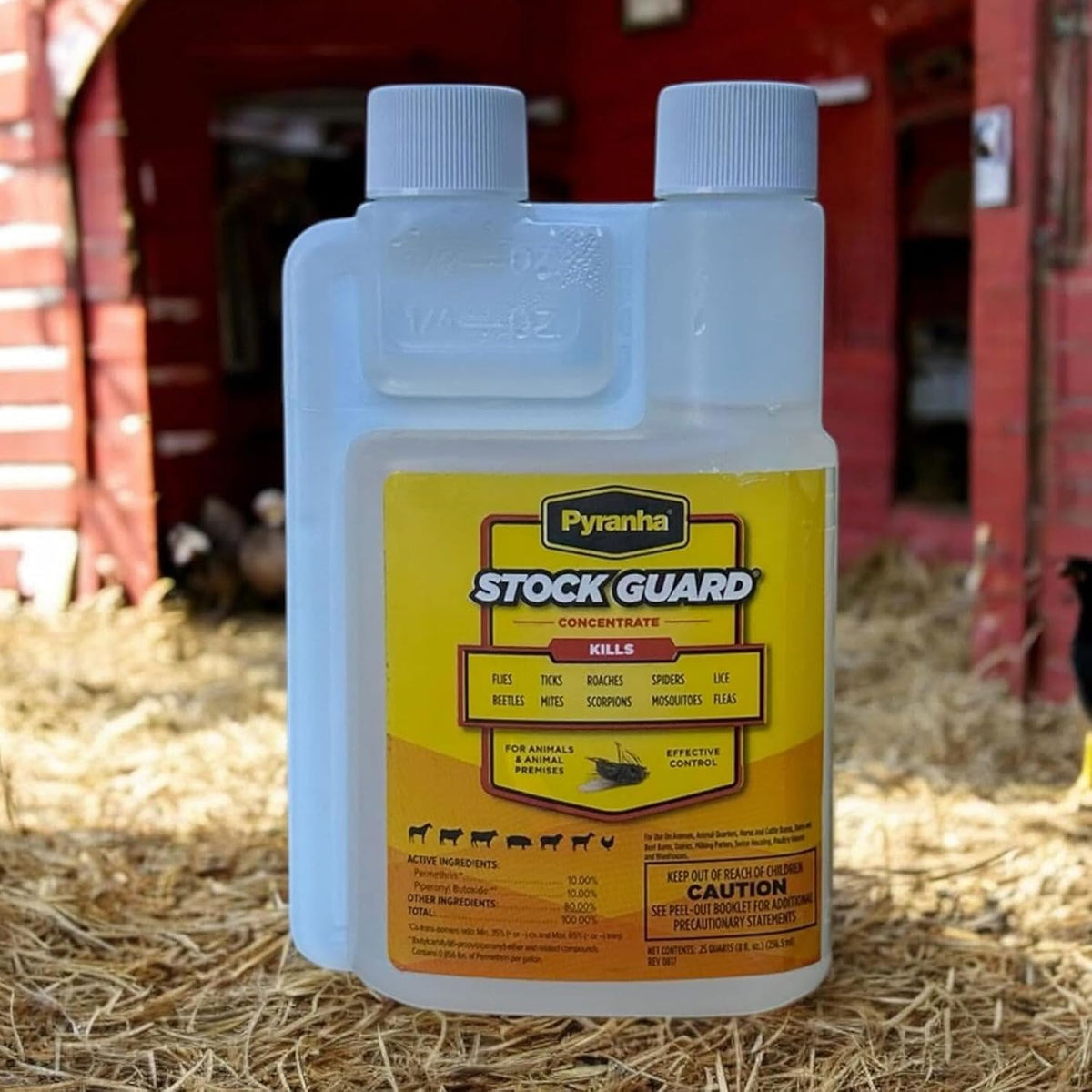 Pyranha Stock Guard permethrin concentrate packaging showing multi species safety icons