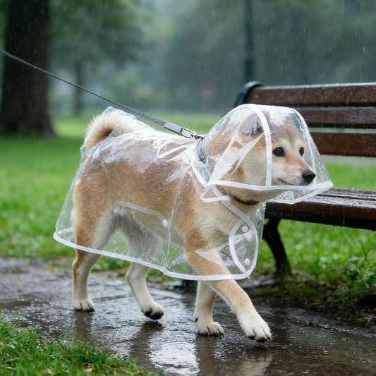 Imported Clear Hooded Pet Raincoat front view on a small dog during an outdoor walk