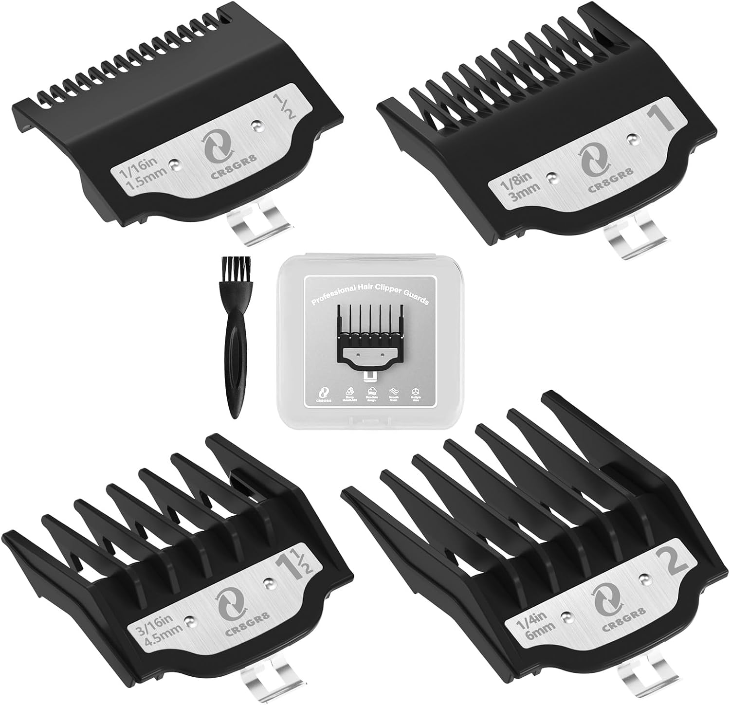 CR8GR8 Clipper Guards Set front view showcasing the four distinct cutting guides with secure metal clips