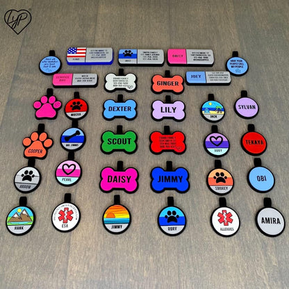Durable silicone jingle free pet identification tag attached to a collar.