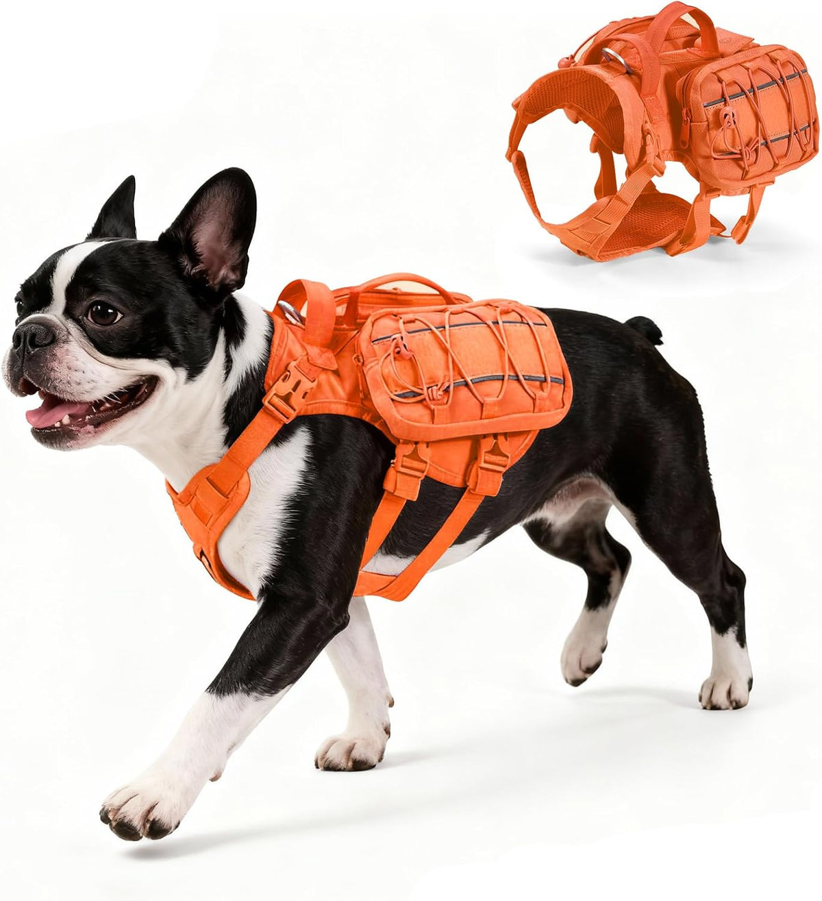 AOKOWN dog hiking vest laid flat to display the size Large specifications and multi-point adjusters.