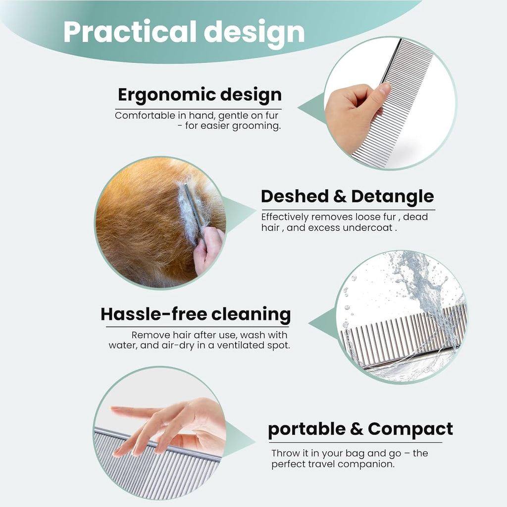 Ergonomic stainless steel pet comb set for detangling