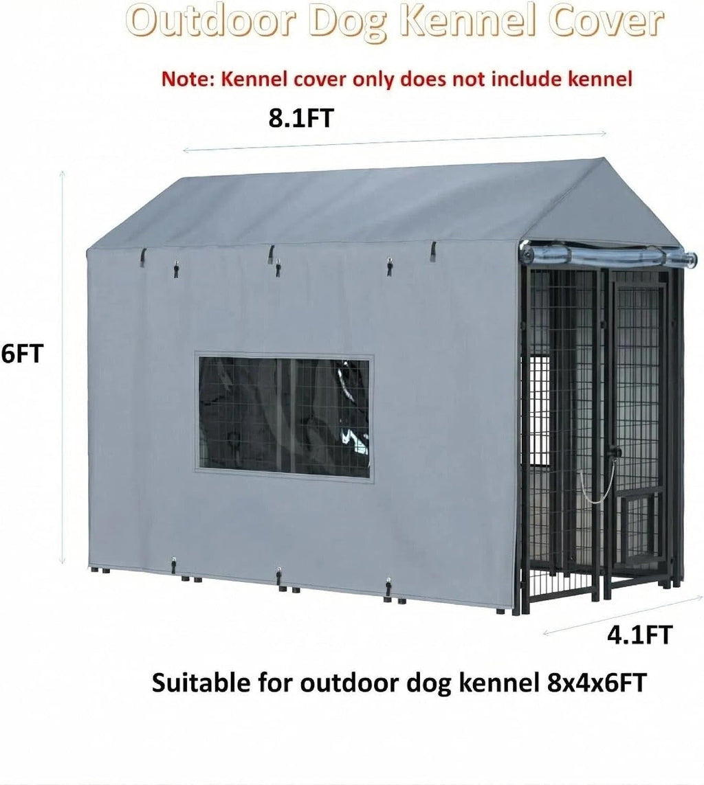 Weatherproof pet cage enclosure shield showing zippered side panels rolled up for ventilation
