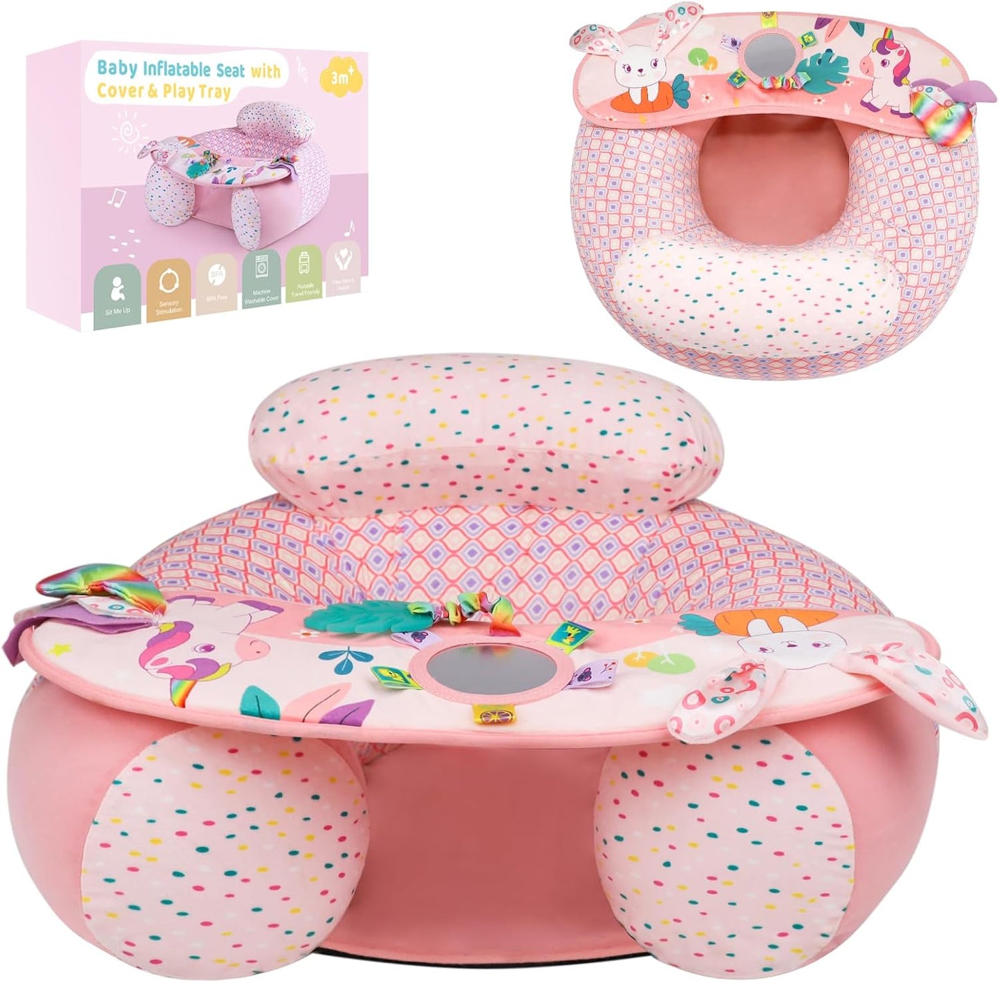 Alaoo baby donut inflatable floor seat with unicorn tray front view