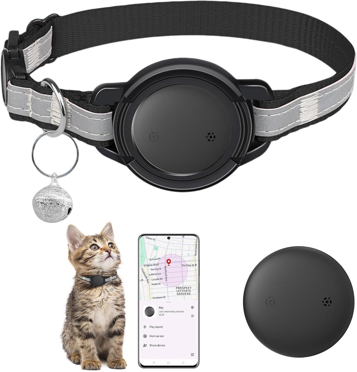 Vebiso GPS Tracker for Cats M4 front view in black showing the smart tracking tag attached to the reflective nylon collar.
