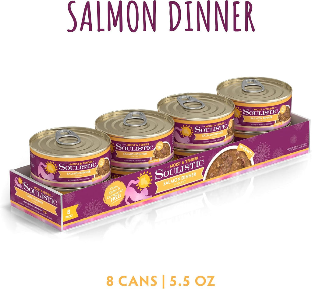 Front view of Soulistic Salmon and Tuna cat food 5.5 ounce can