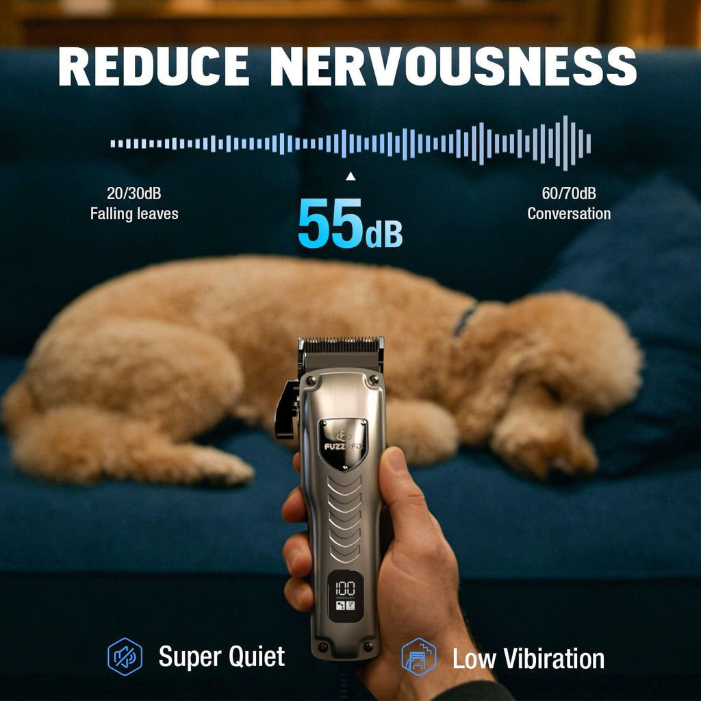 Side view of the low noise FuzzyFix dog grooming kit highlighting the sleek metallic silver finish.