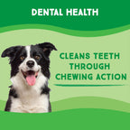 Premium grass fed rawhide dog chips packaging highlighting dental hygiene benefits.