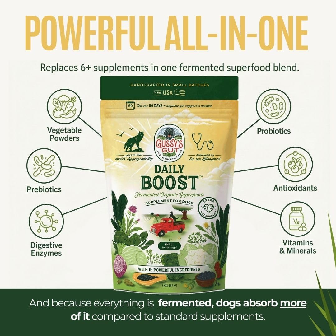 Back label of Gussys Gut showing feeding instructions and premium human grade ingredients.