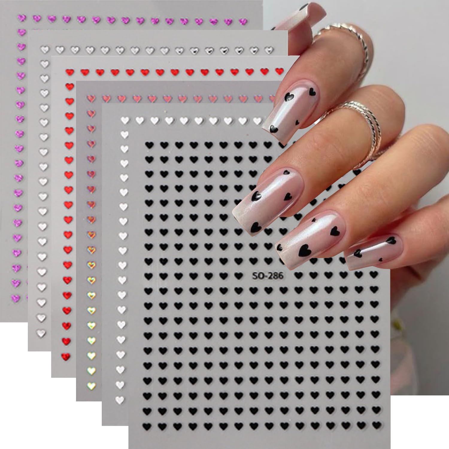 Wouputy 6 pieces mini heart nail art stickers front view