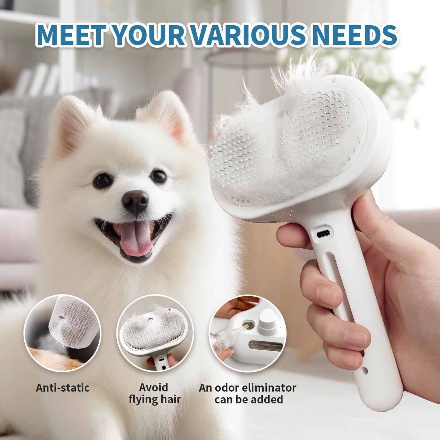 Herokitty steamy dog brush mist spray function close up demonstration