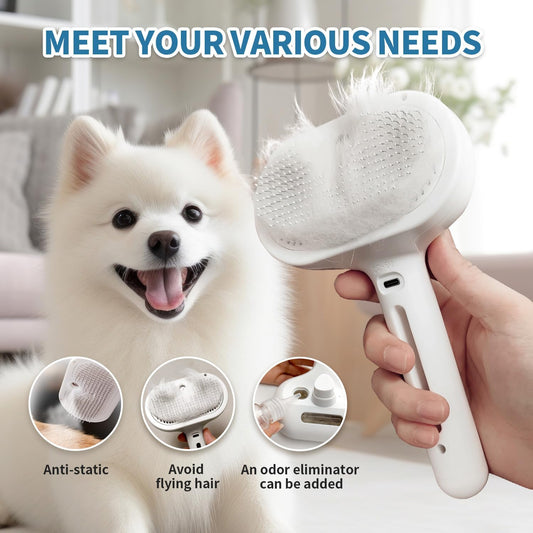 Herokitty steamy dog brush mist spray function close up demonstration