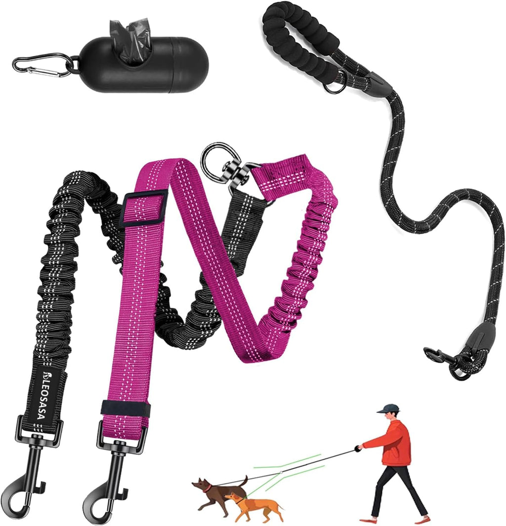 Double Dog Leash - 360 degreesSwivel Tangle Free Splitter Attachment, 2 Dogs Multi-Functional Leashes, Dual Rope for Outdoor Walk Train Small Medium Large Two Pet, Fuchsia - Image 11