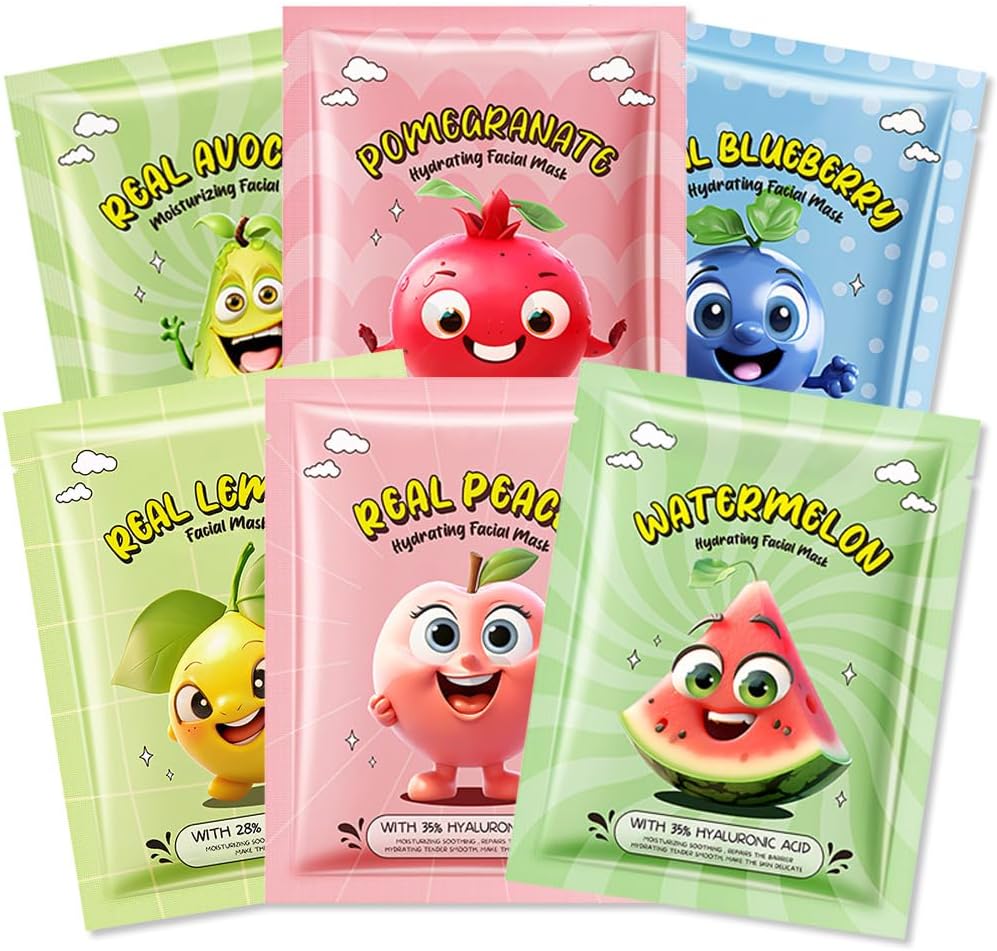 Kaely 6 Pack Fruit Face Masks for Kids front packaging view