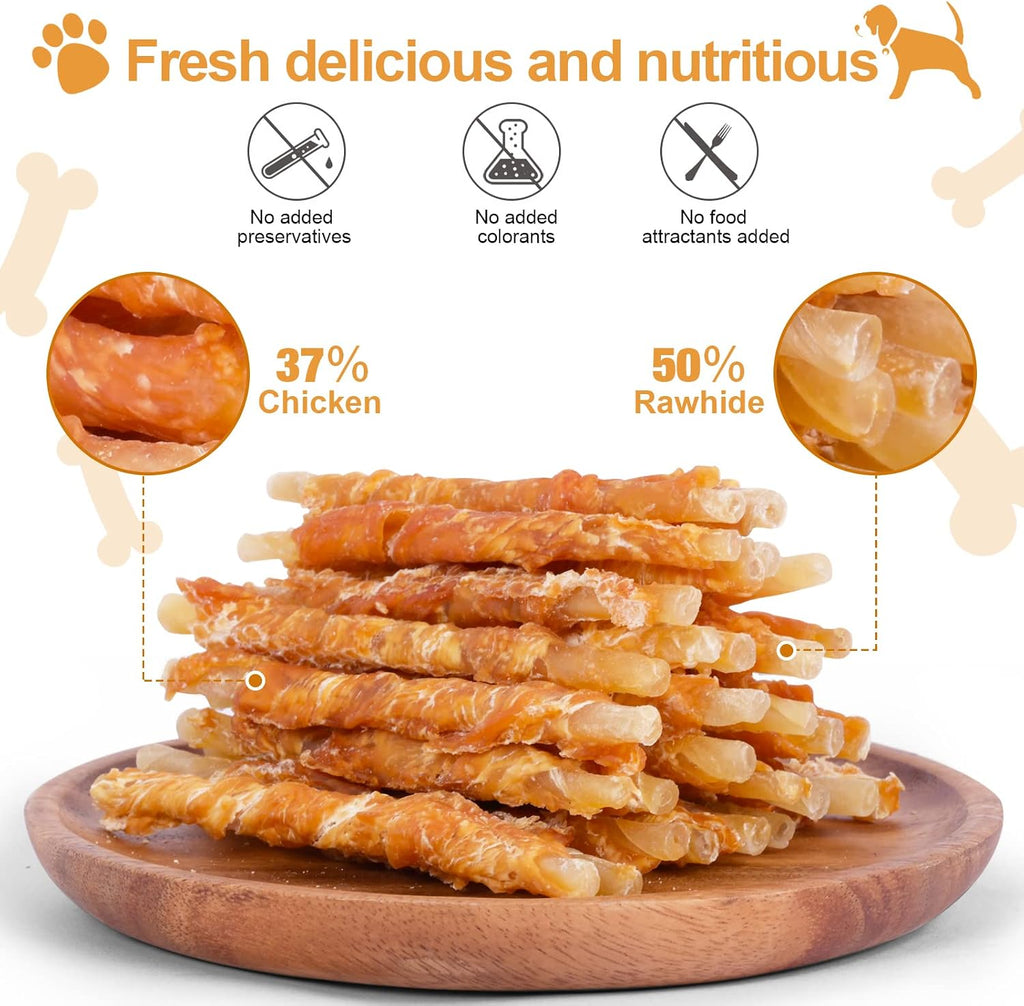 High protein puppy training snacks sticks wrapped in premium real chicken breast.