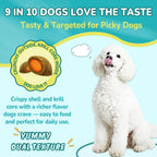Chicken flavored crunchy dog flea chews displayed next to the Woyamay packaging highlighting oral daily support.