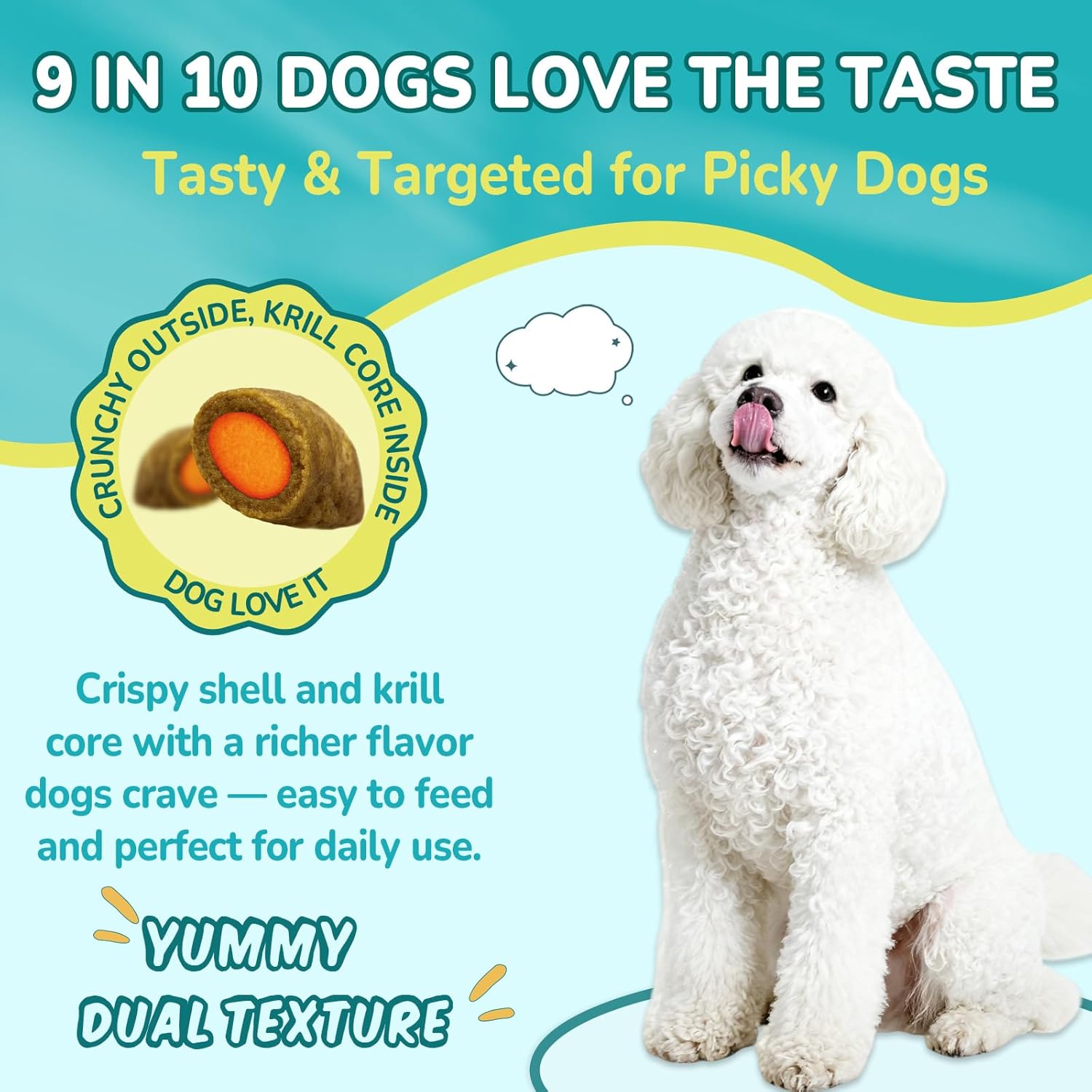 Chicken flavored crunchy dog flea chews displayed next to the Woyamay packaging highlighting oral daily support.