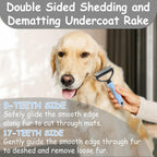 Close up of the dual-sided deshedding tool showing the 9-teeth and 17-teeth stainless steel rake sides.