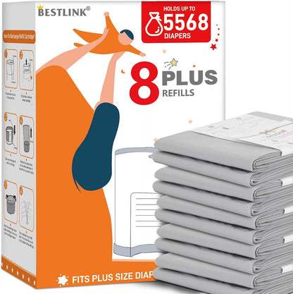 BestLink diaper pail refills front view showing 8 pack bundle for nursery odor control.