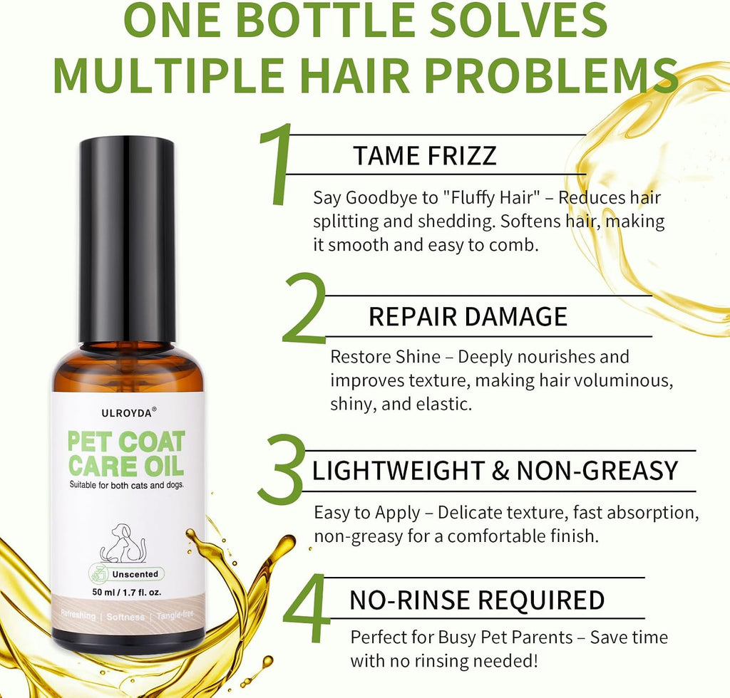 Ulroyda pet coat care oil ingredients highlighting jojoba and coconut oil benefits