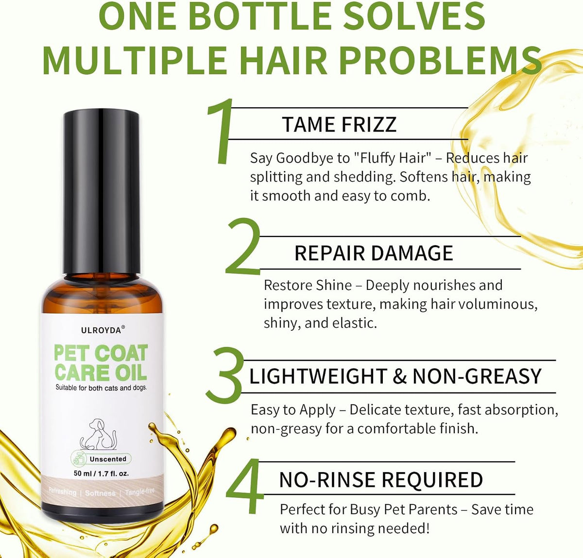Ulroyda pet coat care oil ingredients highlighting jojoba and coconut oil benefits