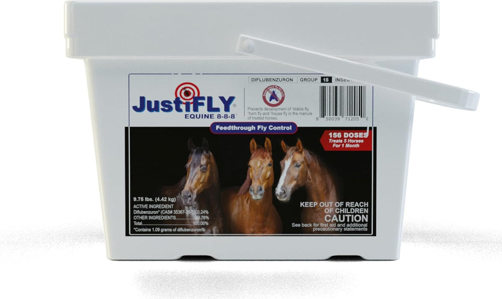JustiFLY Equine 8-8-8 Feedthrough Fly Control front view bucket on a white background.