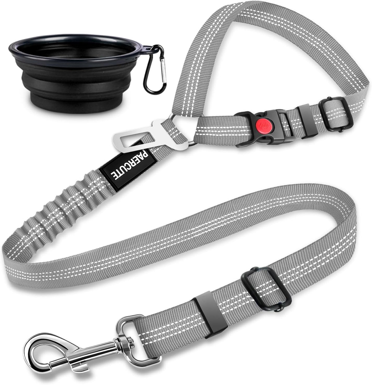 Close up of 360 degree rotating metal clasp on dog seatbelt