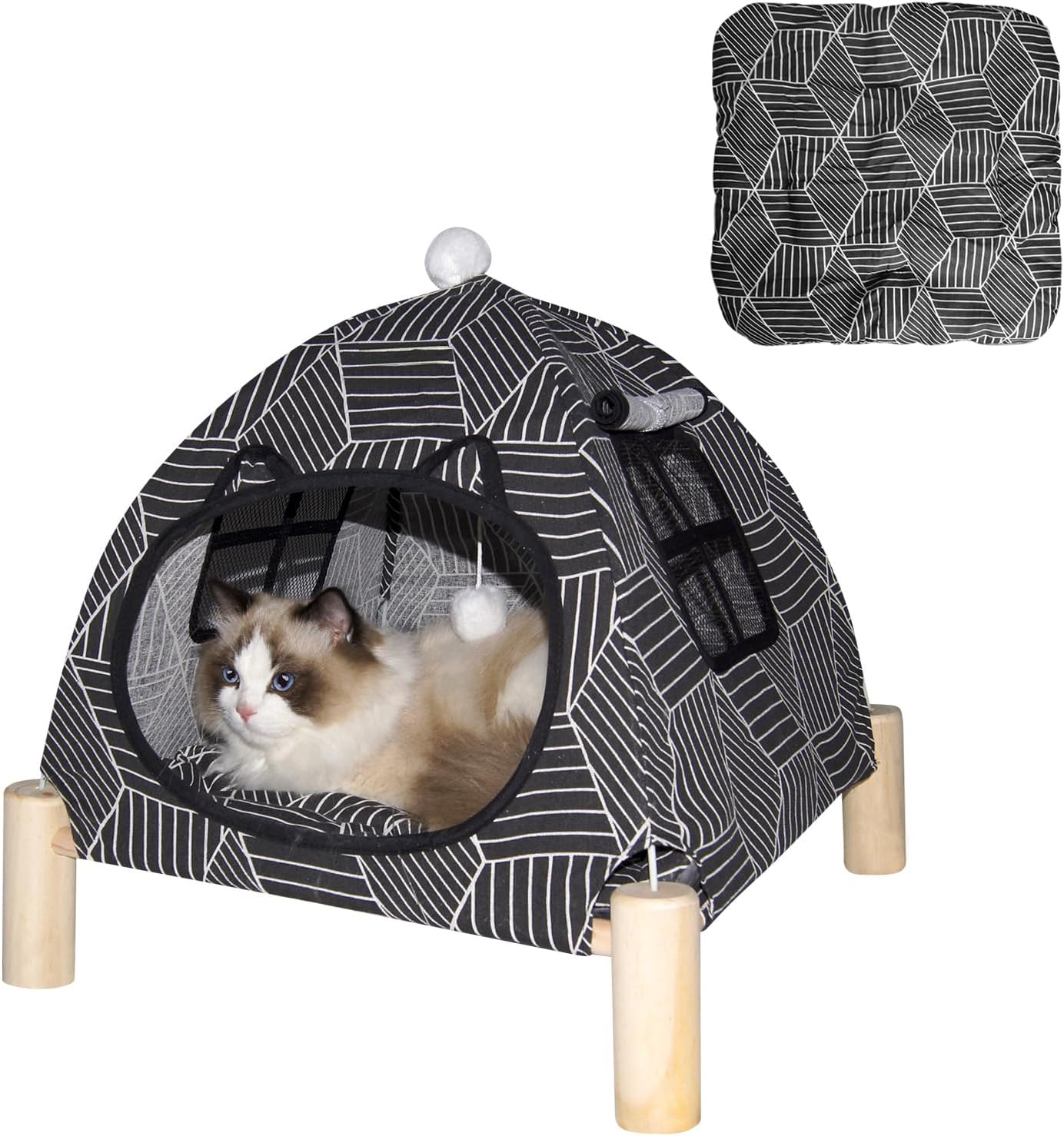 Pozico Cat/Dog Bed Hammock Cat Bed, Wooden Dog Elevated Indoor Outdoor Beds, Raised Cat Cots Furniture Pet Bed Puppy Bed Portable Breathable Mesh Cat Beds for Small Animals-Black Diamond - Image 12