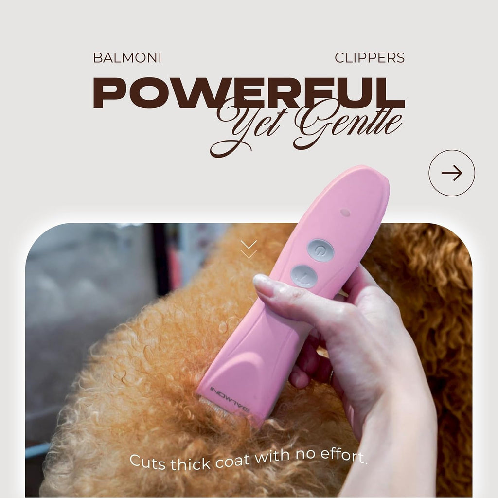 Balmoni rechargeable cat and dog clipper kit showcasing the durable metal guide combs and accessories.